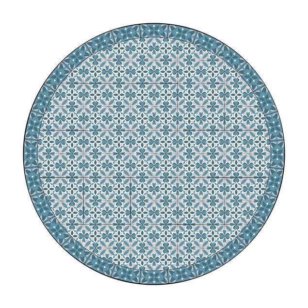 Teppich Esszimmer Geometrischer Fliesenmix Blüte Blaugrau