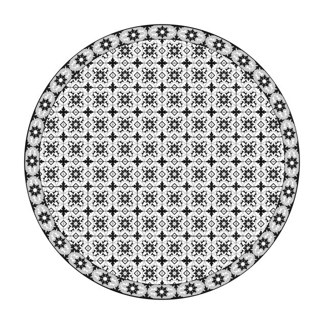 Teppich Esszimmer Geometrischer Fliesenmix Blume Schwarz