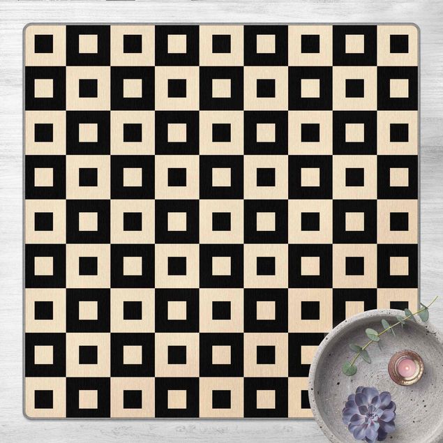 Moderner Teppich Geometrisches Muster aus Schwarz Beigen Quadraten