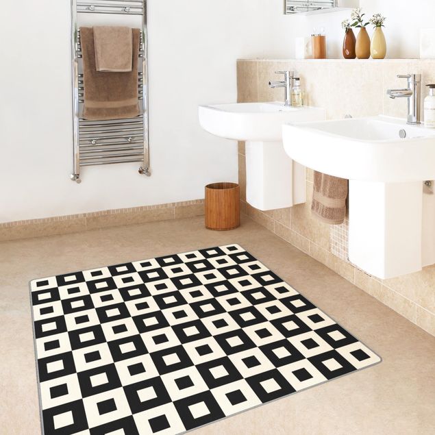 Teppich creme Geometrisches Muster aus Schwarz Beigen Quadraten