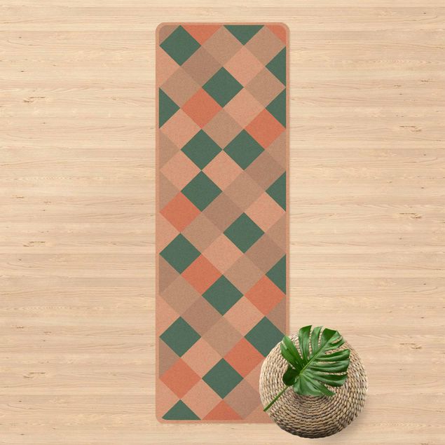 Teppich grün Geometrisches Muster gedrehtes Schachbrett Apricot