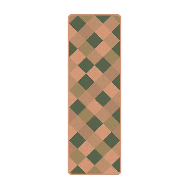 Yogamatte Kork - Geometrisches Muster gedrehtes Schachbrett Grün