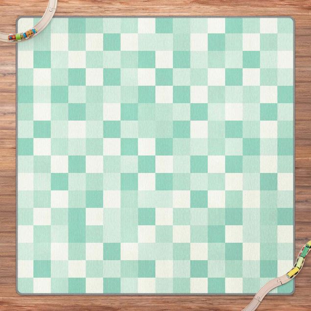 Teppich Schachbrett Geometrisches Muster Mosaik Mintgrün