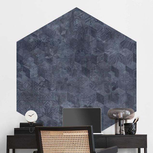 Geometrische Muster Tapete Geometrisches Vintage Muster mit Ornamenten Blau