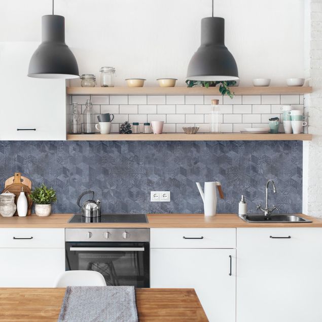 Küchenrückwand Fliesenoptik Geometrisches Vintage Muster mit Ornamenten Blau