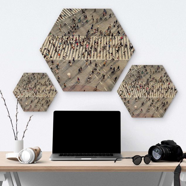 Hexagon Bild Holz - Gewusel von oben