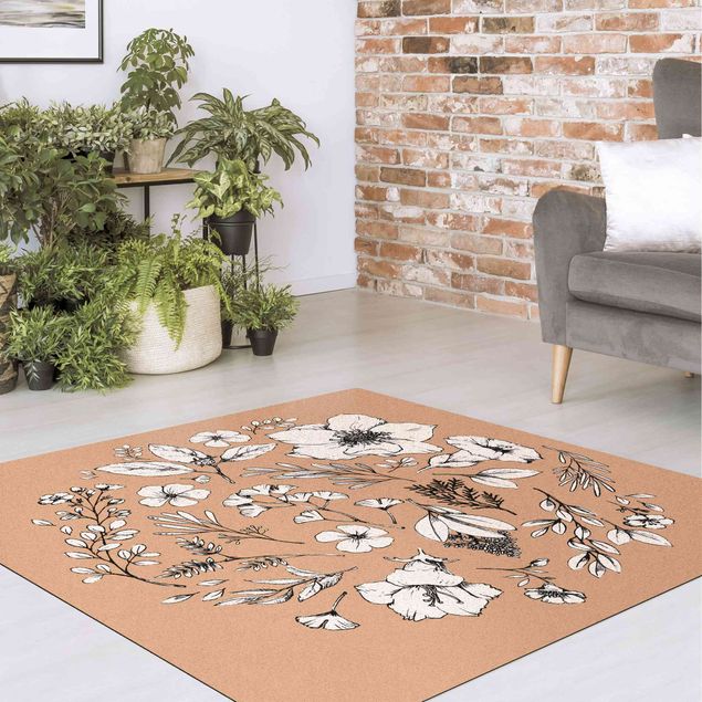 Moderner Teppich Gezeichnete florale Elemente Weiß