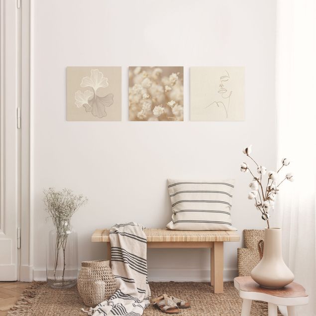 Moderne Leinwandbilder Wohnzimmer Ginko Line Art & Blütenträume