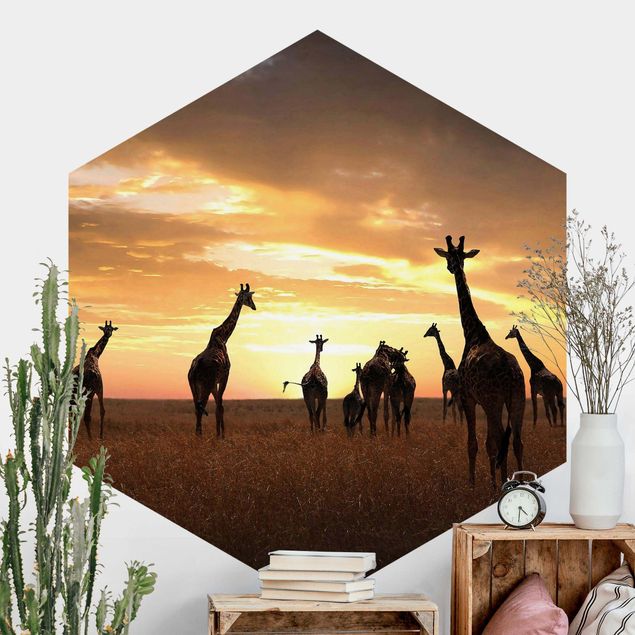 Hexagon Mustertapete selbstklebend - Giraffen Familie