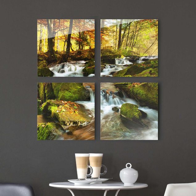 Wandbilder Glas XXL Wasserfall herbstlicher Wald