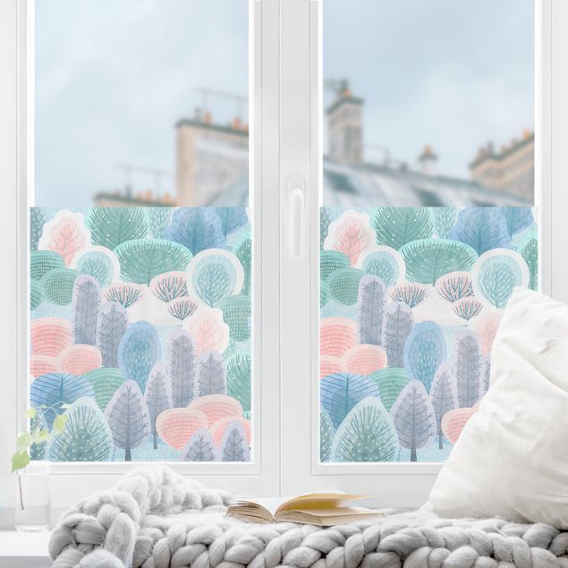 Fensterfolie Wohnzimmer Glücklicher Wald in Pastell