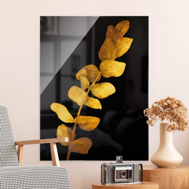 Glasbild Blumen Gold - Eukalyptus auf Schwarz