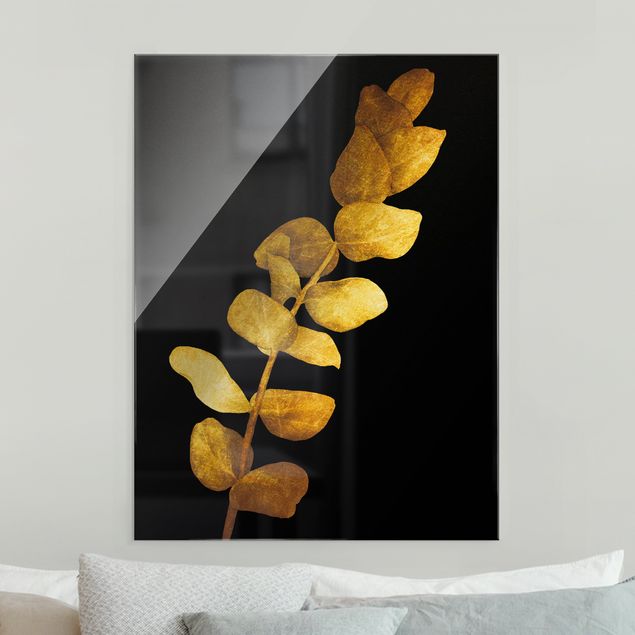 Glasbild Blumen Gold - Eukalyptus auf Schwarz