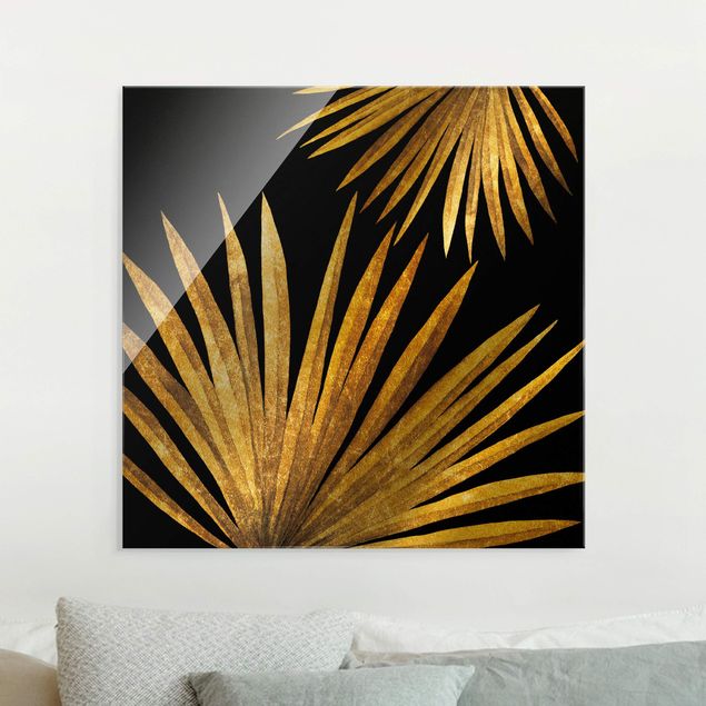 Glasbilder Blumen Gold - Palmenblatt auf Schwarz