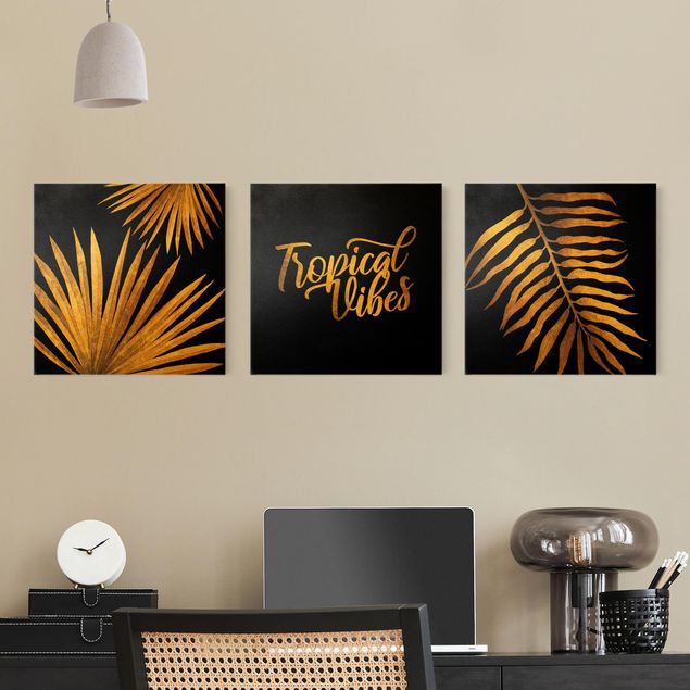 Wandbilder Wohnzimmer modern Gold - Tropical Vibes auf Schwarz Set I