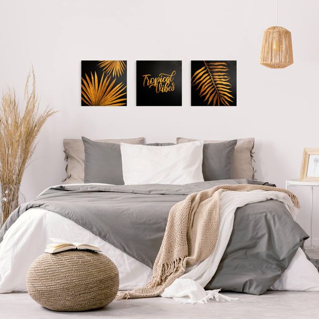 Wandbilder Sprüche Gold - Tropical Vibes auf Schwarz Set I