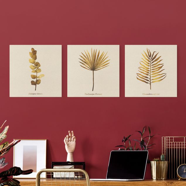 Wandbilder Wohnzimmer modern Gold - Tropische Blätter Set I
