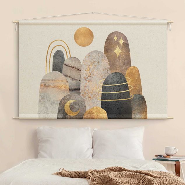 Wandbehang modern Gold Berge mit Mond