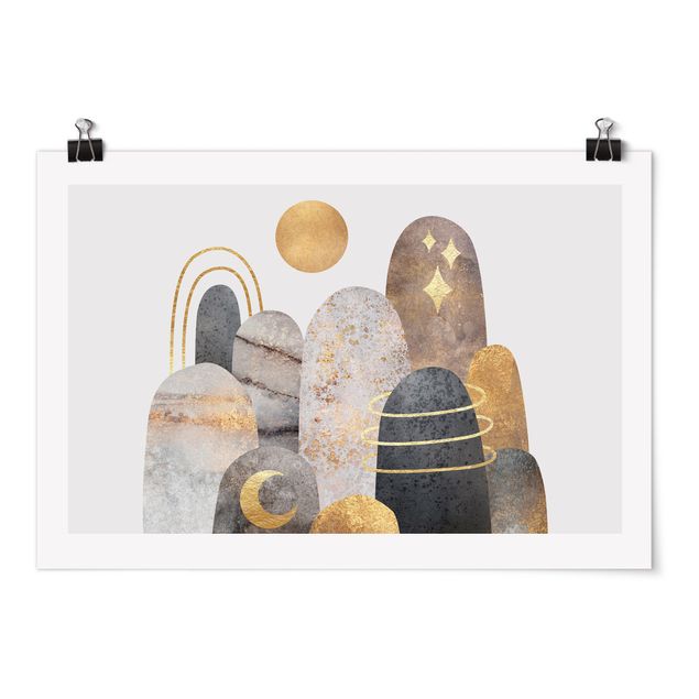 Poster abstrakt Gold Berge mit Mond