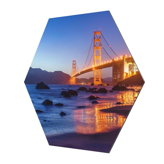 Hexagon Bild Alu-Dibond - Golden Gate Bridge am Abend