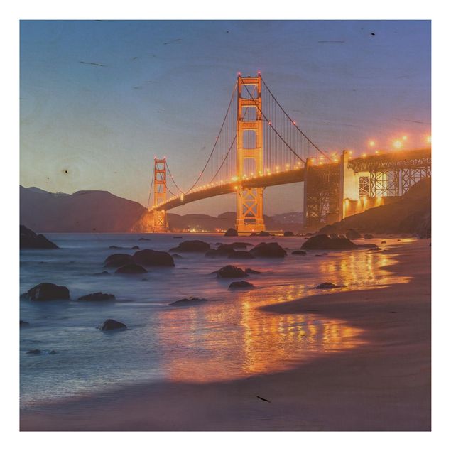 Holzbild Skyline Golden Gate Bridge am Abend