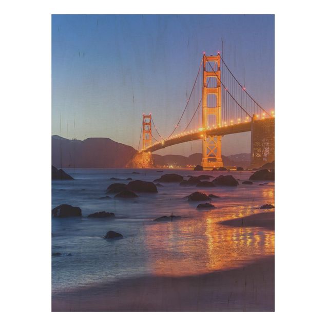 Holzbild Skyline Golden Gate Bridge am Abend