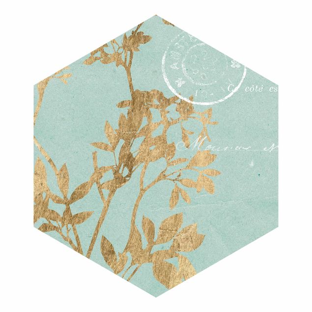 Fototapete Design Goldene Blätter auf Turquoise I