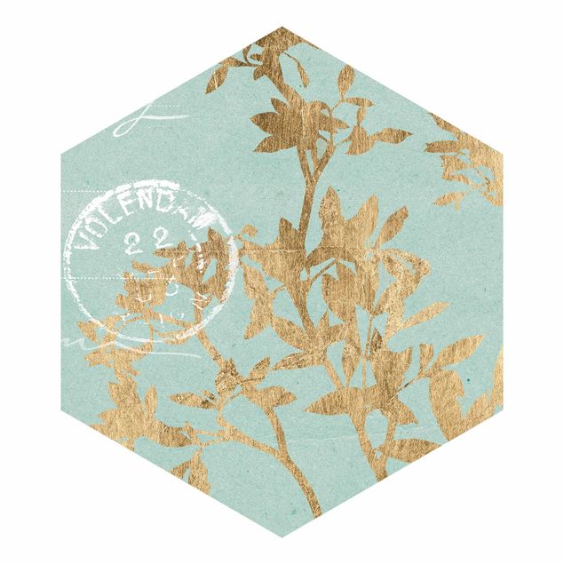 Design Tapete Goldene Blätter auf Turquoise II