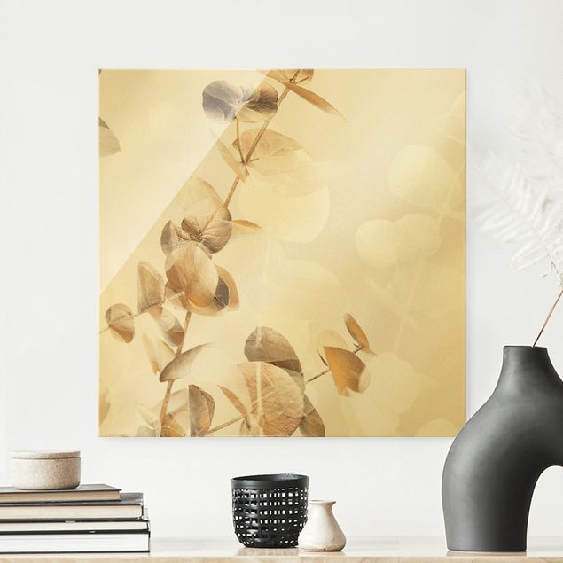 Wandbilder Glas XXL Goldene Eukalyptuszweige mit Weiß I