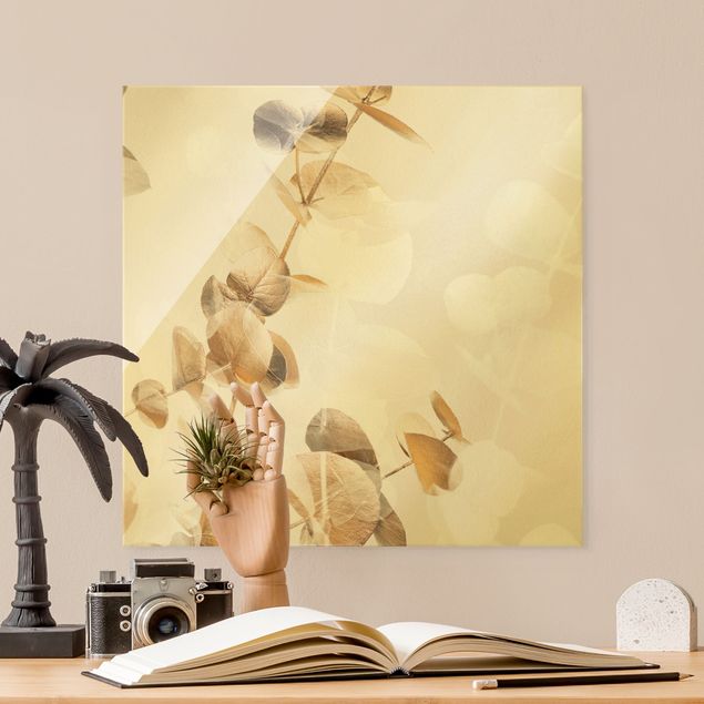 Glasbilder Pflanzen Goldene Eukalyptuszweige mit Weiß I