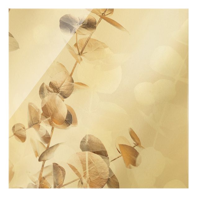 Glas Wandbilder Goldene Eukalyptuszweige mit Weiß I