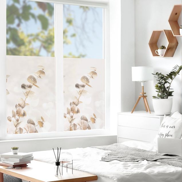 Fensterfolie Wohnzimmer Goldene Eukalyptuszweige mit Weiß I