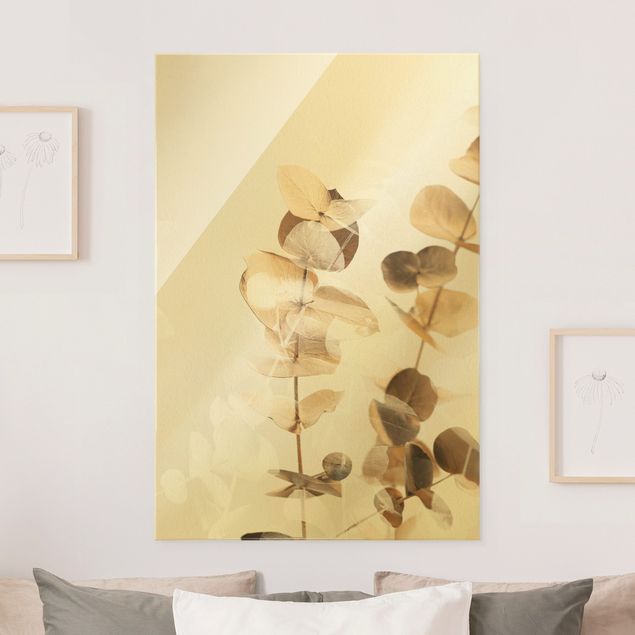 Glasbilder XXL Goldene Eukalyptuszweige mit Weiß II