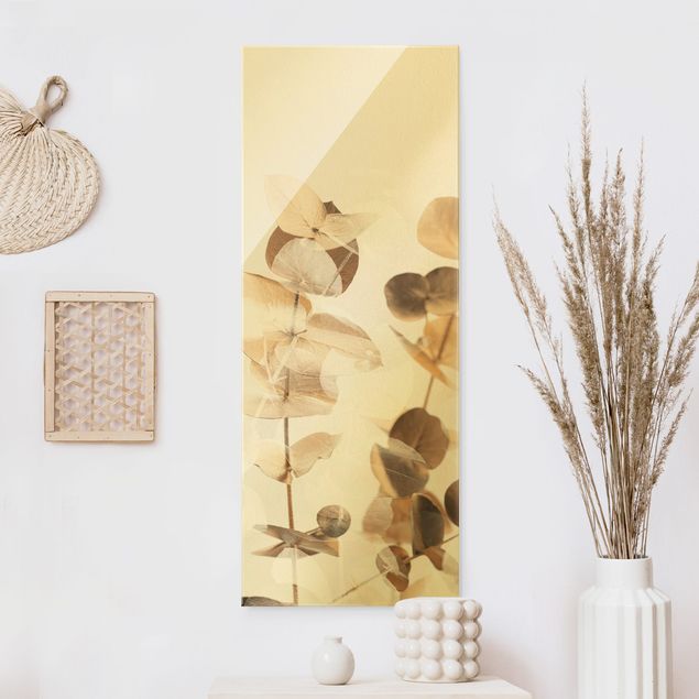 XXL Glasbilder Goldene Eukalyptuszweige mit Weiß II