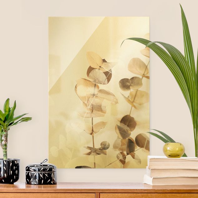 Glasbild Blumen Goldene Eukalyptuszweige mit Weiß II