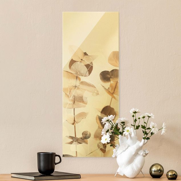 Glasbilder Blumen Goldene Eukalyptuszweige mit Weiß II