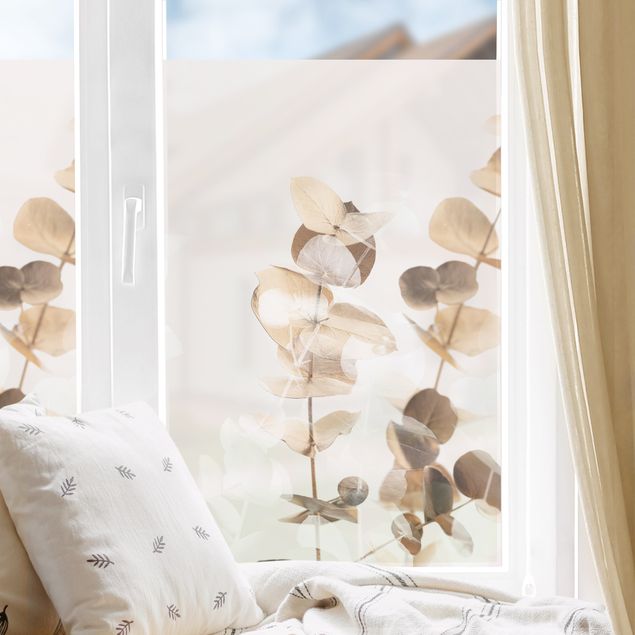 Fensterbilder Blumen Goldene Eukalyptuszweige mit Weiß II