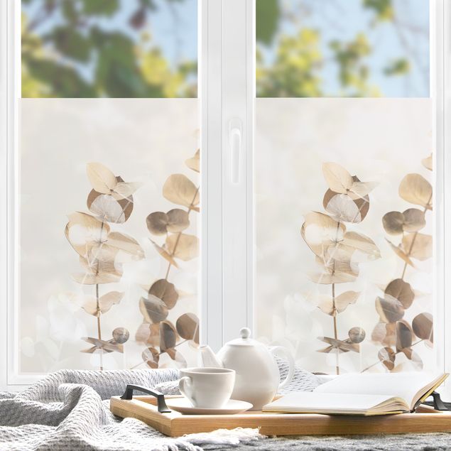 Fensterfolie Wohnzimmer Goldene Eukalyptuszweige mit Weiß II