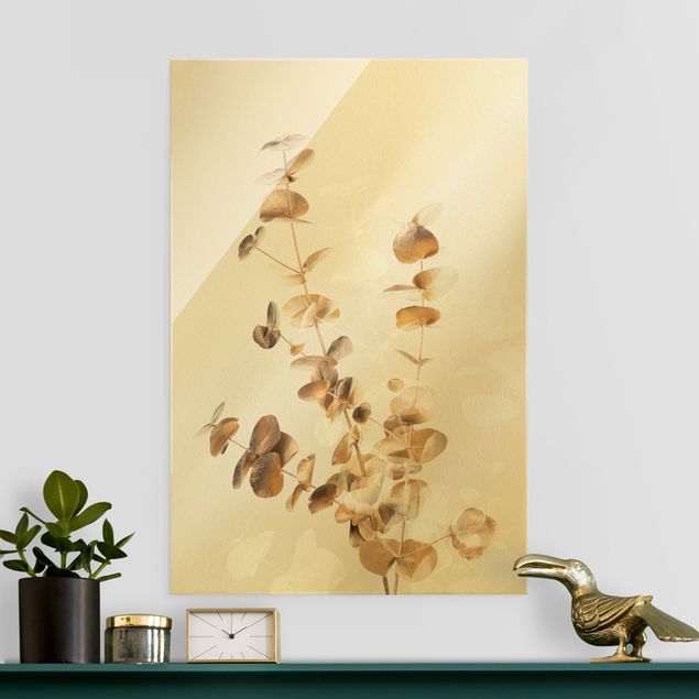 Glasbilder XXL Goldene Eukalyptuszweige mit Weiß