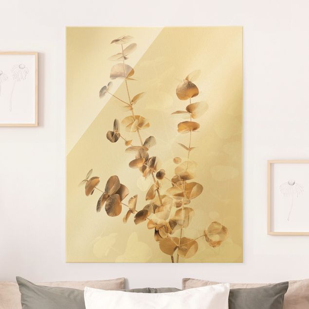 Glasbilder XXL Goldene Eukalyptuszweige mit Weiß
