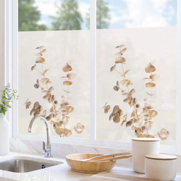 Fensterfolie Wohnzimmer Goldene Eukalyptuszweige mit Weiß