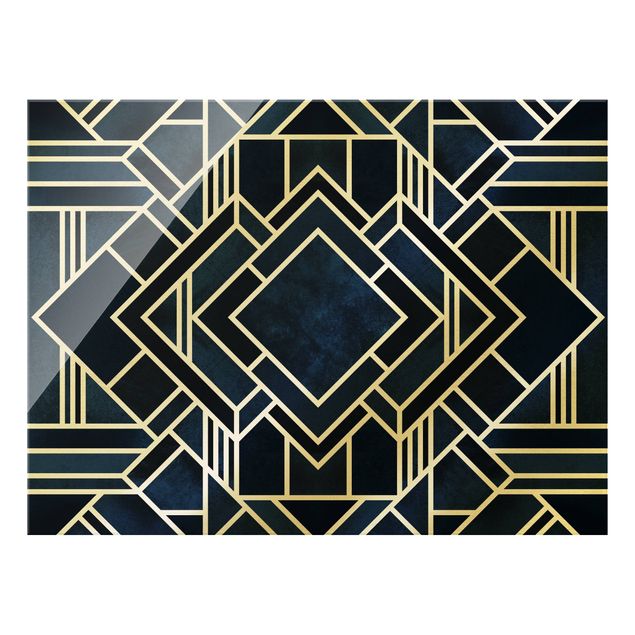 Glasbild Abstakt Goldene Geometrie - Art Deco Blau
