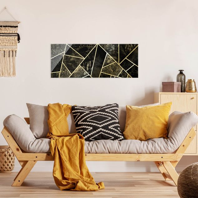 Wandbilder Glas XXL Goldene Geometrie - Graue Dreiecke