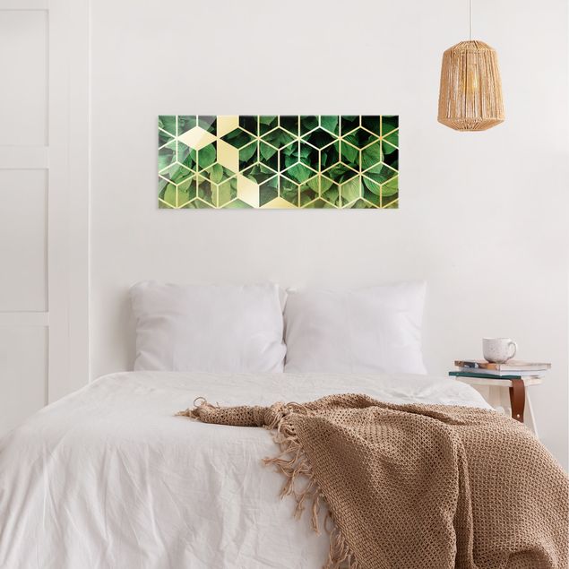 Abstrakte Glasbilder Goldene Geometrie - Grüne Blätter