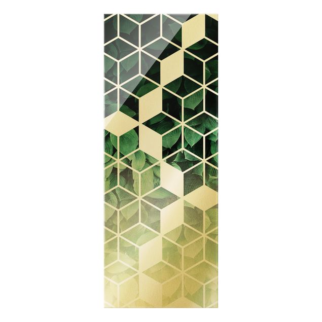 Grüne Glasbilder Goldene Geometrie - Grüne Blätter