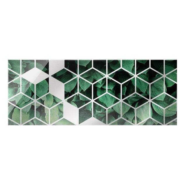Grüne Glasbilder Goldene Geometrie - Grüne Blätter