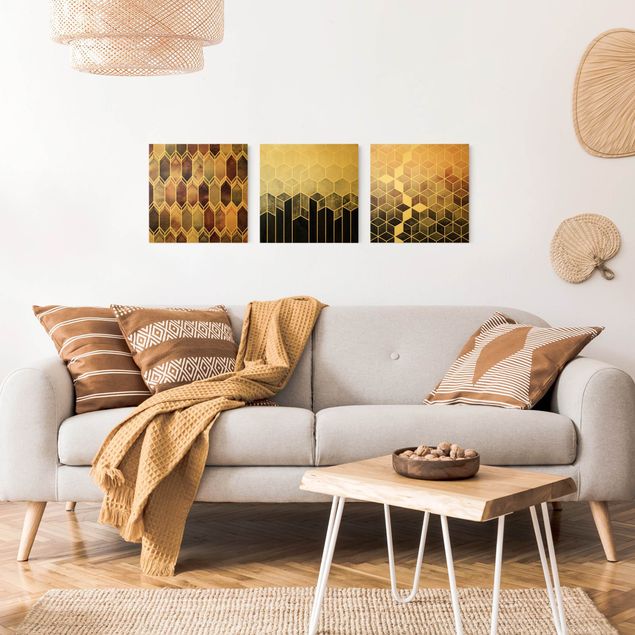 Moderne Leinwandbilder Wohnzimmer Goldene Geometrie - Rosa & Grau