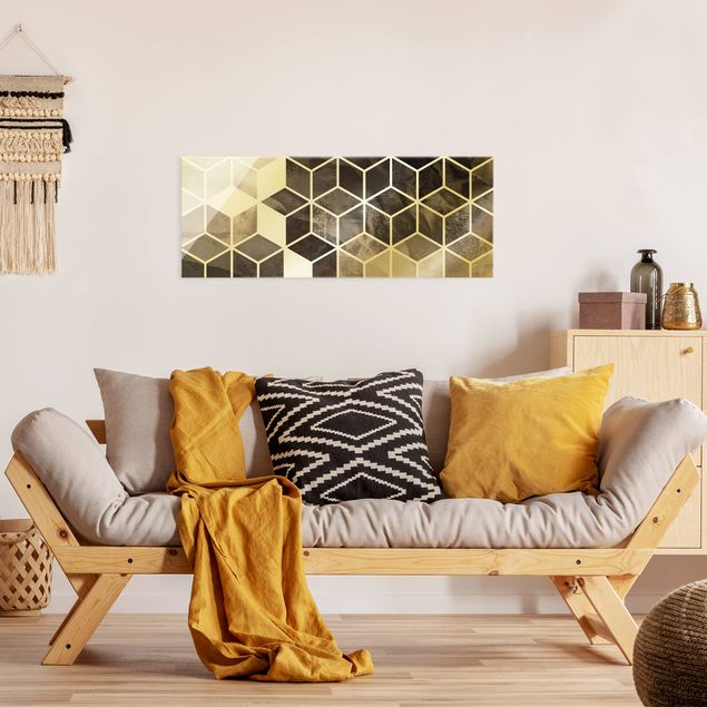 Wandbilder Glas XXL Goldene Geometrie - Schwarz Weiß
