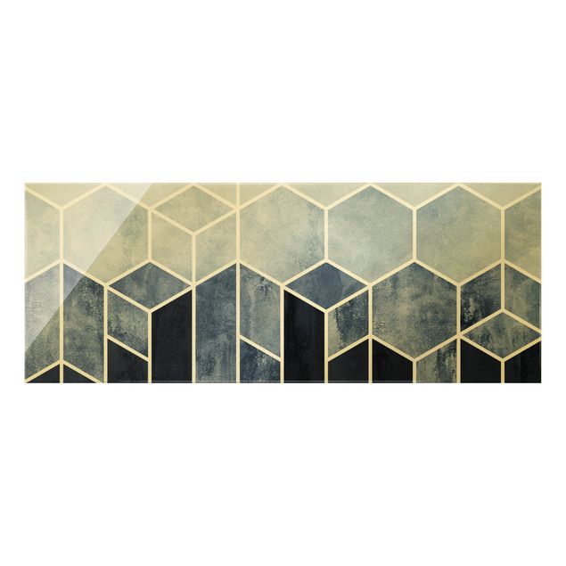 Schöne Wandbilder Goldene Geometrie - Sechsecke Blau Weiß