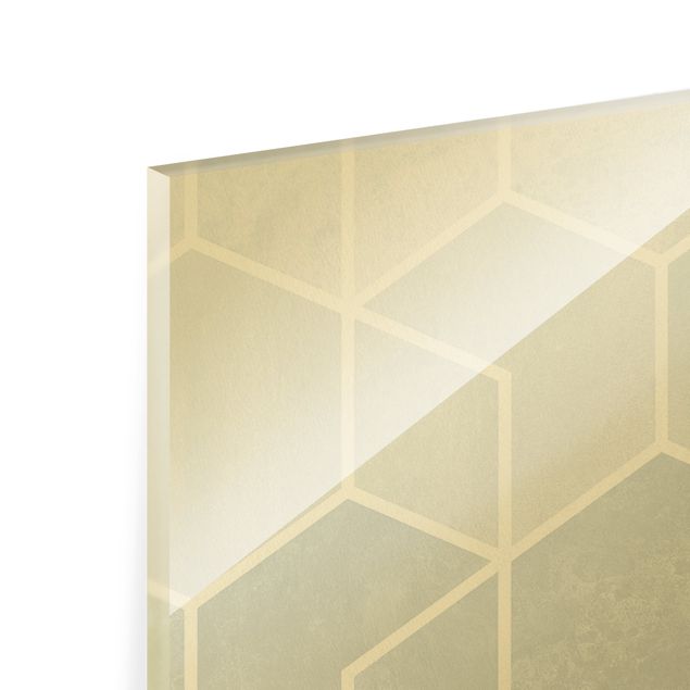 Glasbild - Goldene Geometrie - Sechsecke Blau Weiß - Hochformat 2:5